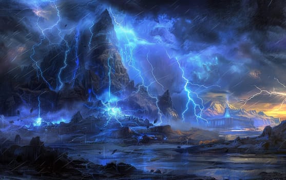 A vivid digital artwork capturing an electrifying scene of mountains under a tempestuous night sky, lit by intense lightning strikes. 3d rendering colored lightning strike