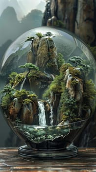 A richly verdant terrarium showcases a miniature mountain range with cascading waterfalls, all within a clear glass dome