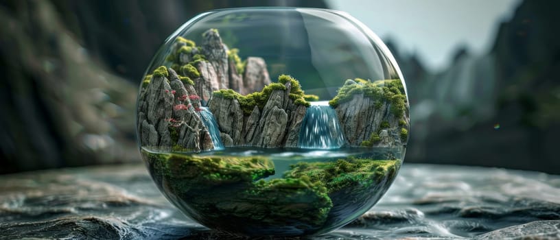 A tranquil terrarium portrays a peaceful miniature world, with a waterfall amidst rocky peaks, all encased within a clear glass globe