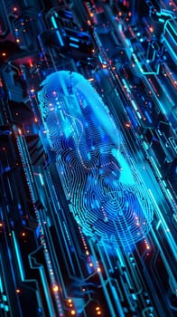 A luminous blue fingerprint overlays a digital circuit board, representing high-tech identification systems and secure access technology