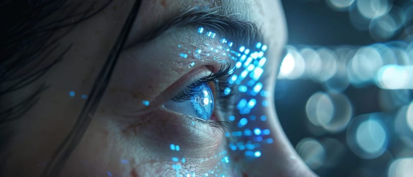 Side view of a womans eye with glowing blue cyber patterns, symbolizing advanced visual technology