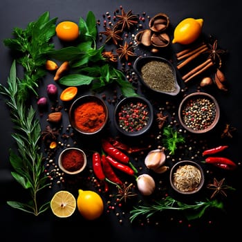 Culinary Mosaic: Diverse Herbs and Spices on Dark Background