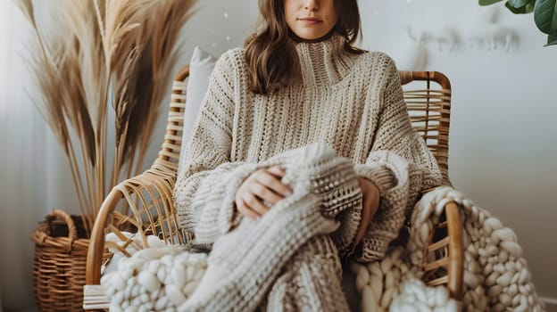 A woman in a cozy sweater is comfortably sitting in a wicker chair, showcasing a fashionable outerwear with long sleeves and enjoying the event