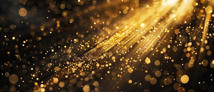 Mesmerizing golden particles and luminous rays of light dance across the frame, creating an enchanting and dreamy visual
