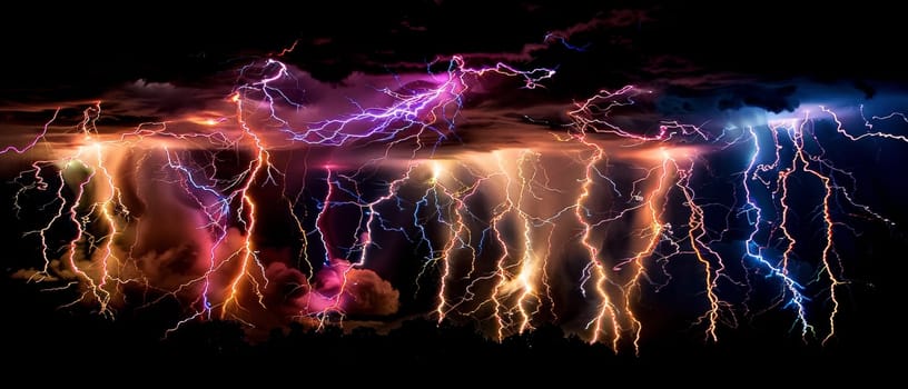 A wide panoramic view of a thunderstorm, displaying an electrifying symphony of multicolored lightning bolts against a night sky