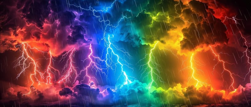 A dramatic thunderstorm captured in panoramic view, with a rainbow array of lightning bolts tearing through the rain-drenched clouds