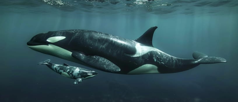 A magnificent pod of killer whales glide effortlessly through the azure waters, showcasing their powerful yet graceful forms