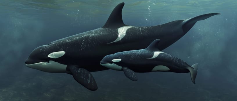 An adult orca whale swims alongside its calf, a tender display of maternal care and ocean life in harmony