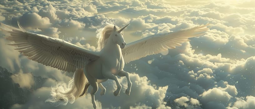 A magnificent winged unicorn majesticaly soars through the dramatic, cloud-filled skies, its powerful wings spread wide against the backdrop of towering snow-capped mountains