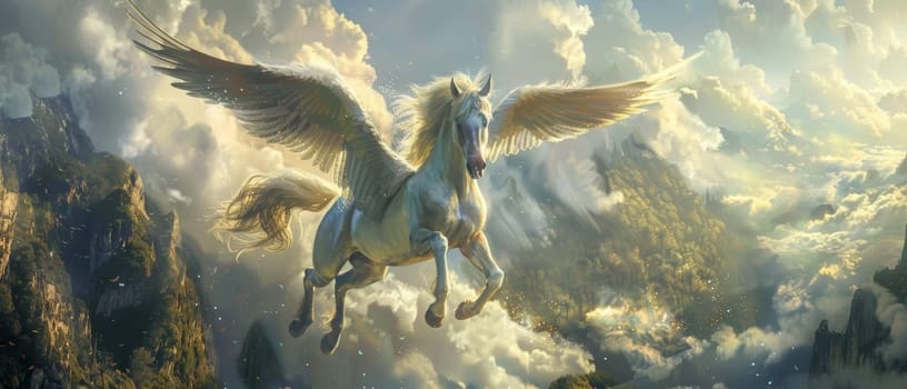 An ethereal winged horse glides effortlessly through the dramatic, cloud-filled sky, its pristine white coat and majestic wings creating a breathtaking vision against the awe-inspiring mountain