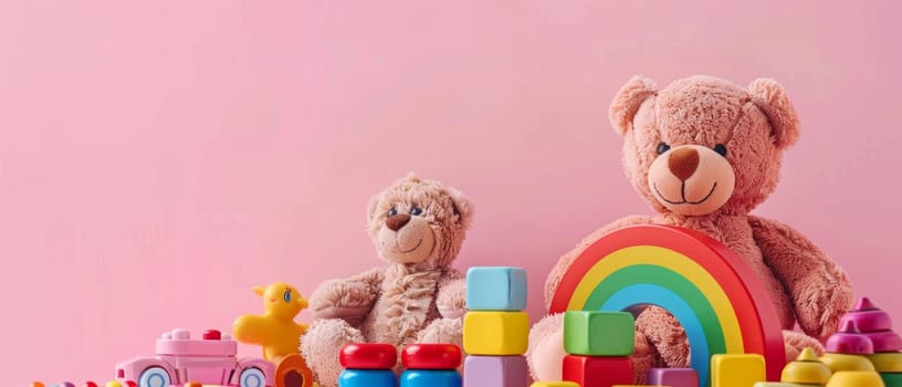 Two teddy bears seated beside a colorful array of childrens toys on a soft pink background, exuding warmth and joy