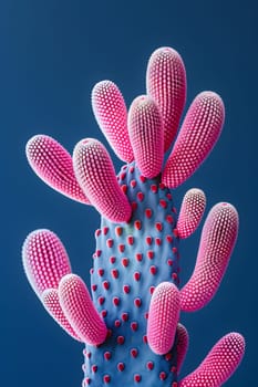A unique artwork depicting a blue cactus with pink thorns, set against a blue background. This terrestrial plant stands out with its vibrant colors