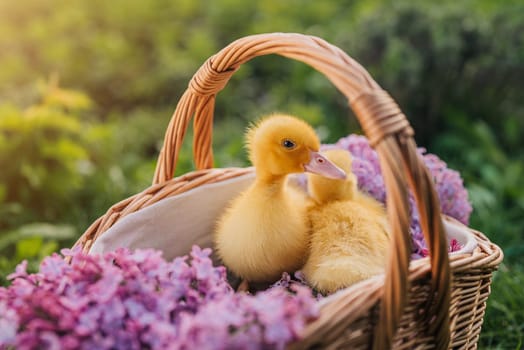 Cute little yellow ducklings sitting in wicker basket with lilac flowers bouquet. Springtime, home poultry farm. Baby ducks. High quality