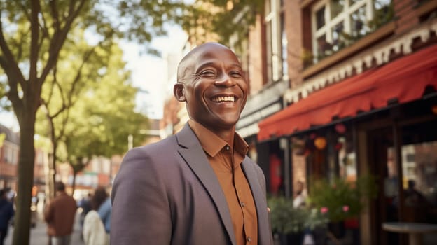 Portrait of cheerful happy smiling mature black businessman standing in the city, wearing business suit, looking away