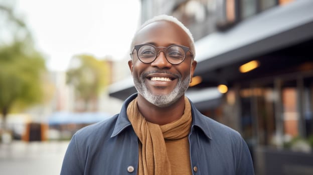 Confident happy smiling mature African businessman standing in the city, wearing casual clothes, glasses, looking at camera