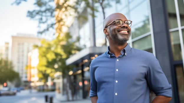 Confident happy smiling mature African businessman standing in the city, wearing shirt, glasses, looking away