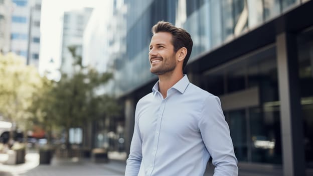 Inspired confident happy smiling young businessman standing in the city, wearing shirt and looking away