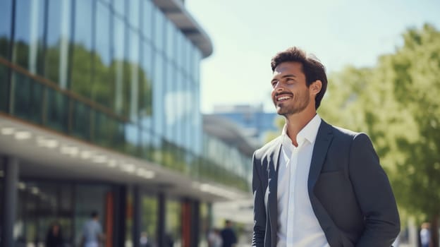 Inspired confident happy smiling businessman standing in the city, wearing business suit, looking away