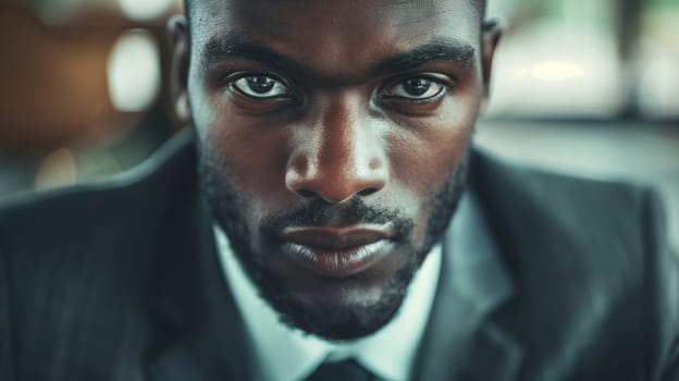 Close up portrait of confident strong African businessman focused on work in office, looking at camera