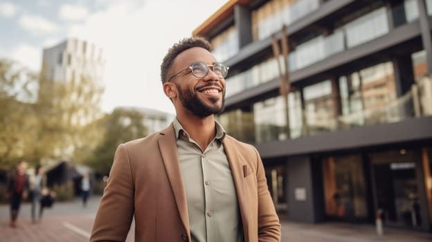 Portrait of confident happy smiling black entrepreneur standing in the city, wearing glasses, brown business suit, looking away