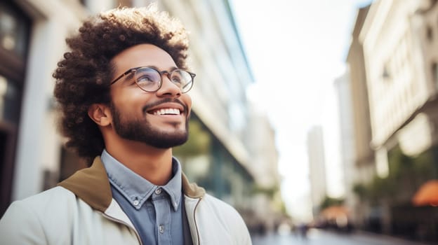 Confident happy smiling black entrepreneur standing in the city, wearing glasses, casual clothes and looking away