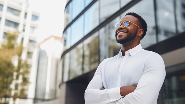 Confident happy smiling black entrepreneur standing in the city, wearing glasses, white shirt and looking away
