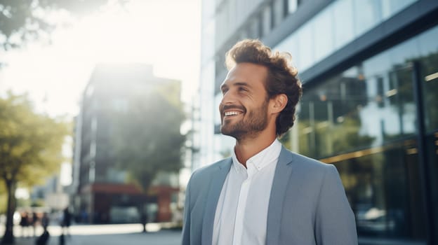 Inspired confident happy smiling businessman standing in the city, wearing business suit, looking away