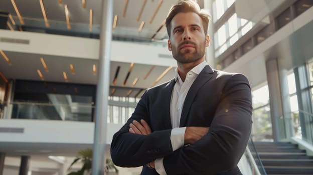 Successful bearded businessman with crossed arms standing in modern office, wearing business suit and looking at camera