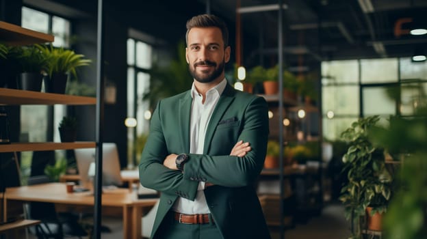 Confident happy smiling bearded businessman with crossed arms standing in eco style office with green plants, wearing business suit and looking at camera