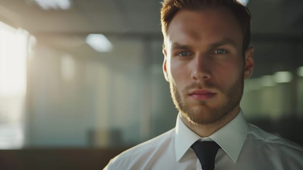 Close up portrait of confident bearded businessman in stress focused on work in office, looking at camera