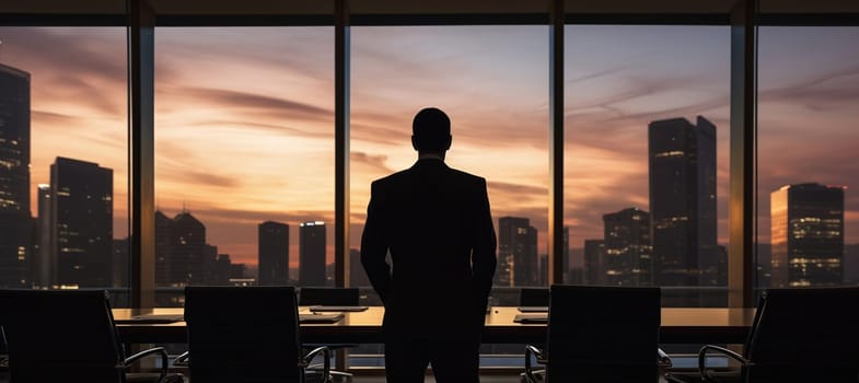 Silhouette of a successful businessman standing in the office in the evening and looking at the panoramic window with a sunset view of the city