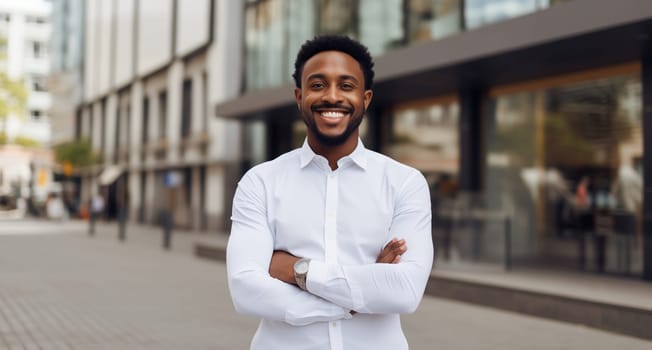 Confident happy smiling young black entrepreneur with crossed arms standing in the city, wearing white shirt, against building and looking at camera
