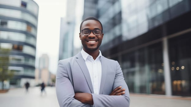 Successful happy smiling black businessman standing in the city, wearing gray business suit, glasses and looking at camera