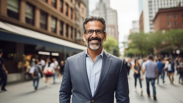 Successful gray-haired mature Hispanic businessman standing in the city, wearing gray business suit, glasses and looking at camera