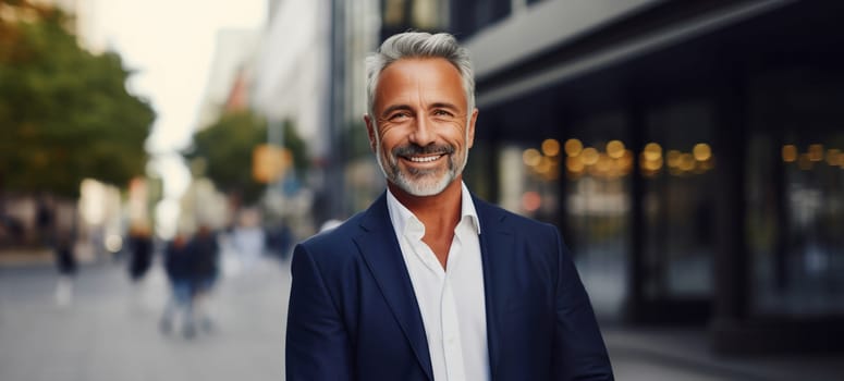 Confident happy smiling bearded mature businessman standing in the city, wearing business suit, looking at camera