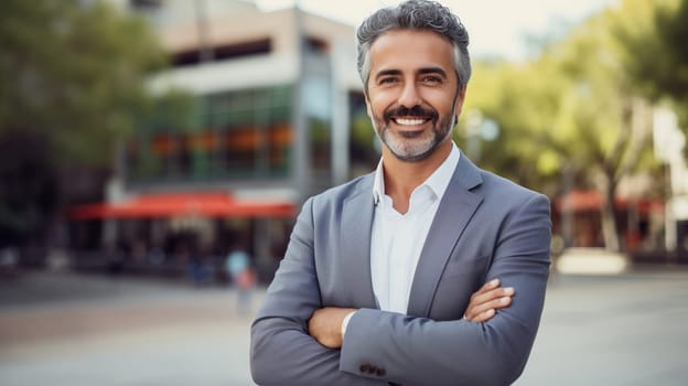 Confident happy smiling bearded mature Hispanic businessman with crossed arms standing in the city, wearing business suit and looking at camera