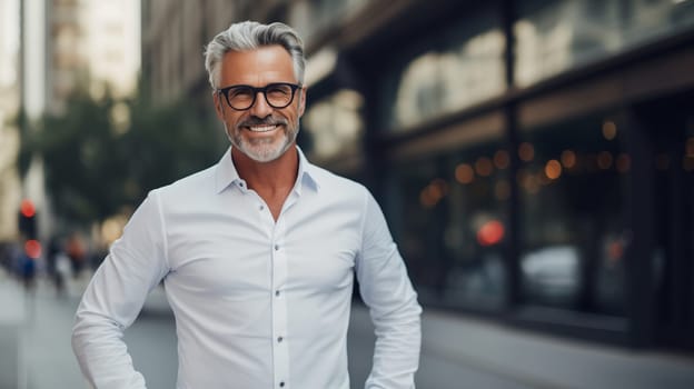 Confident happy smiling mature businessman in glasses standing on city street, wearing shirt, looking at camera