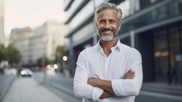 Confident happy smiling mature businessman standing with crossed arms on city street, wearing shirt, looking at camera