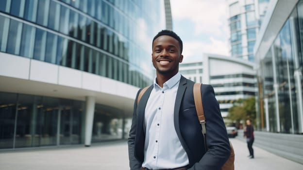 Confident happy smiling young black entrepreneur standing in the city, wearing business suit, backpack, against office building and looking at camera