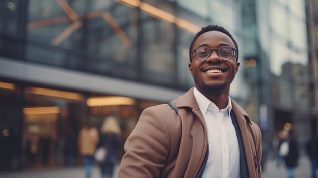 Confident happy smiling young black entrepreneur standing in the city, wearing glasses, brown business suit, backpack, against building, looking at camera