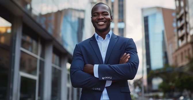 Successful happy smiling black businessman standing in the city, wearing blue business suit, looking at camera