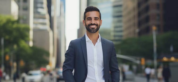 Confident happy smiling bearded mature Hispanic businessman standing in the city, wearing business suit and looking at camera