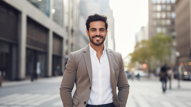 Confident happy smiling bearded mature Hispanic businessman standing in the city, wearing business suit and looking at camera