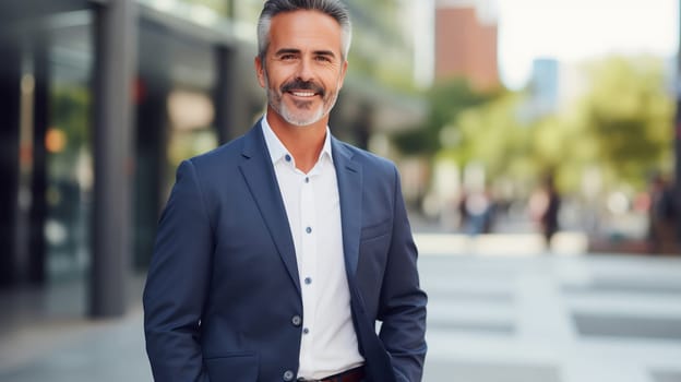 Confident happy smiling bearded mature Hispanic businessman standing in the city, wearing business suit and looking at camera