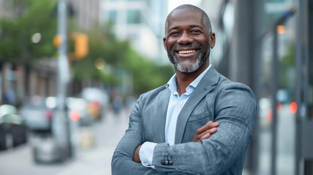 Successful strong happy smiling mature black businessman standing in the city, wearing gray business suit, looking at camera
