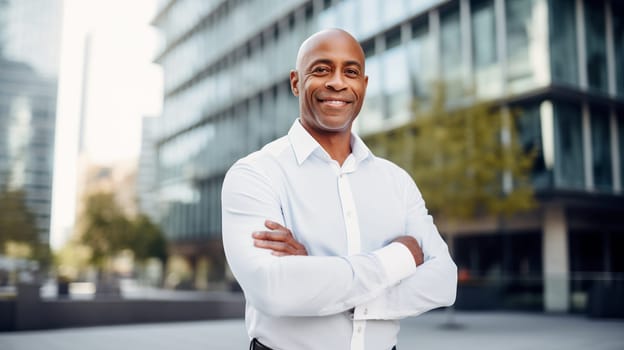 Successful strong happy smiling mature African businessman standing in the city, wearing white shirt, looking at camera