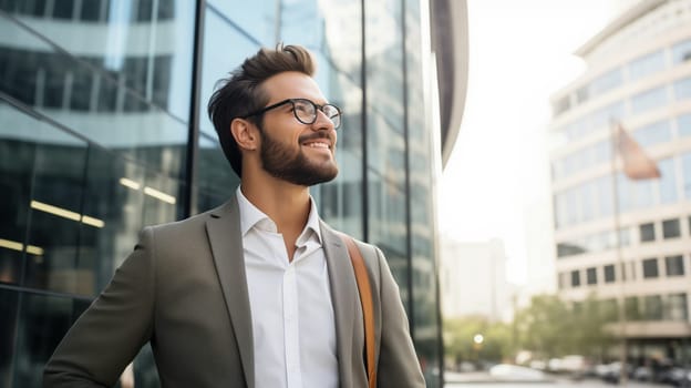 Inspired confident happy smiling businessman standing in the city, wearing business suit, looking away