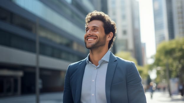 Inspired confident happy smiling businessman standing in the city, wearing business suit, looking away