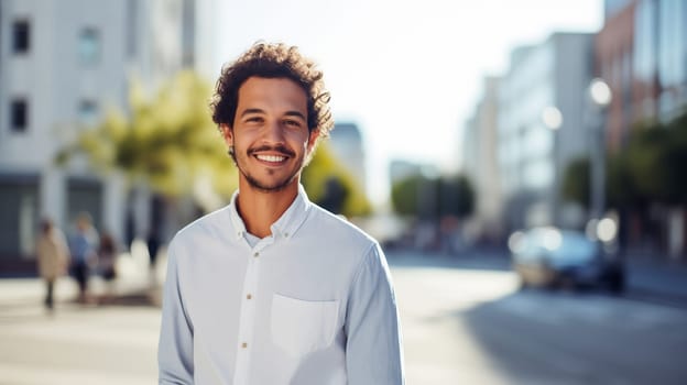 Confident happy smiling young Hispanic entrepreneur standing in sunny city, wearing white shirt and looking at camera