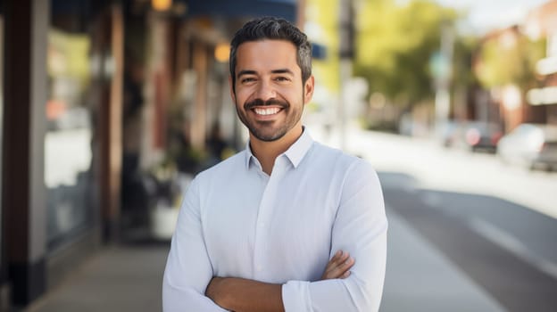 Confident happy smiling young Hispanic entrepreneur standing in sunny city, wearing white shirt and looking at camera